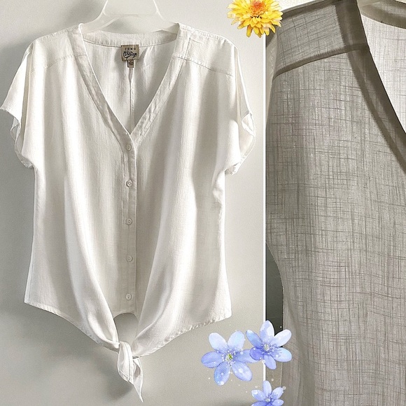 Como Vintage white summer v-neck top w/ front tie, rayon linen - Picture 2 of 9